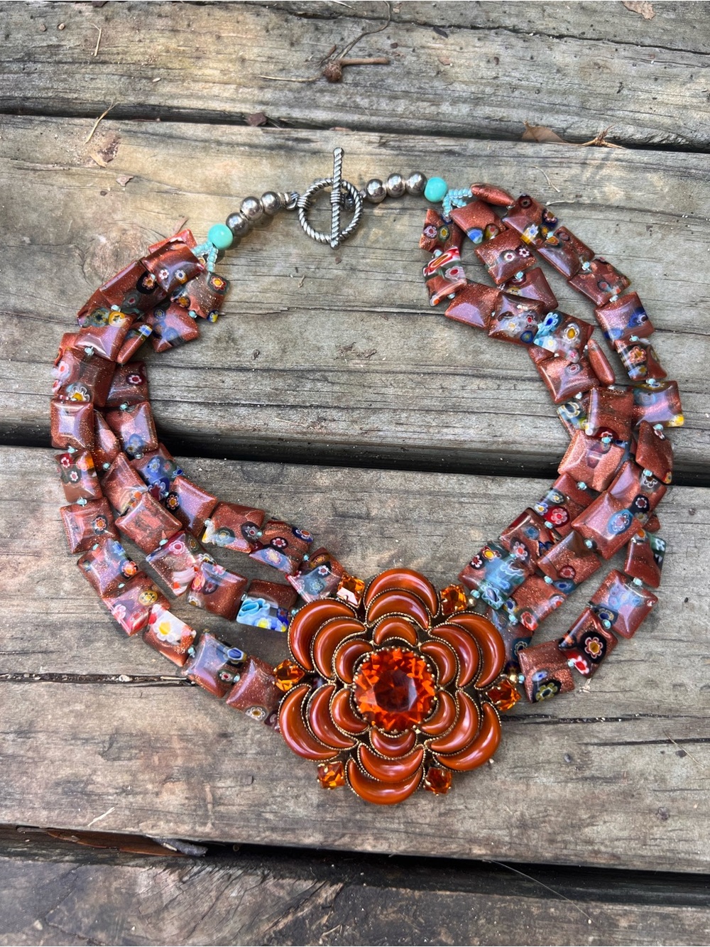 Handcrafted Brown Multi-Strand Flower Statement Necklace